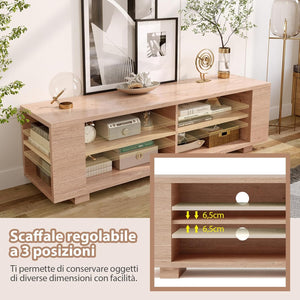 Mobile Porta TV per TV Fino a 65 Pollici, Mobile TV a 3 Livelli con 4 Scomparti Aperti, 4 Vani Laterali, Fori per Cavi, Stile Moderno, 150 x 39 x 45 cm (Naturale)