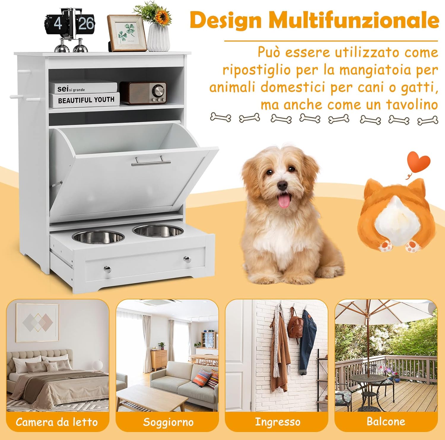 Stazione di Alimentazione per Animali Domestici con Ciotola in Acciaio Inox, Gancio, Dispositivo Antiribaltamento, Armadietto di Stoccaggio per Cani e Gatti, 61 x 35,5 x 82,5 cm