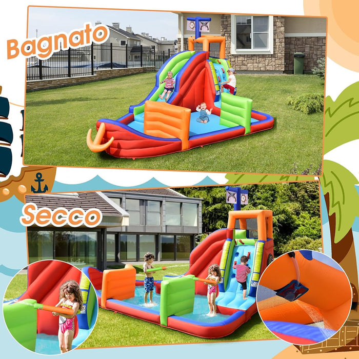 Castello Gonfiabile per Bambini 6 in 1, con Scivolo, Parete per Arrampicarsi, Piscina, Freccette, Gioco di Lancio, Pistole Acquatiche e Borsa, Ideale per 3 Bambini con Età 3-10 Anni