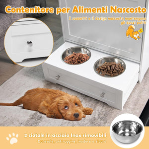 Stazione di Alimentazione per Animali Domestici con Ciotola in Acciaio Inox, Gancio, Dispositivo Antiribaltamento, Armadietto di Stoccaggio per Cani e Gatti, 61 x 35,5 x 82,5 cm