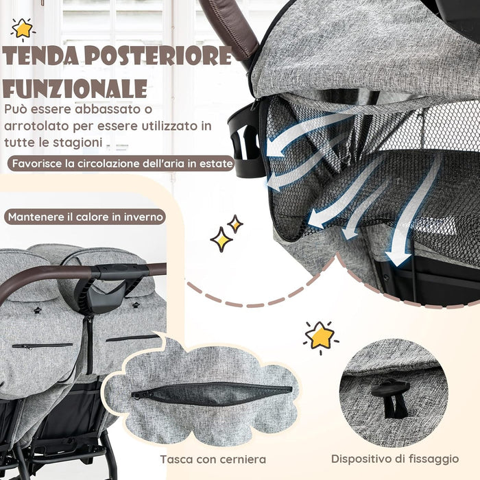 Passeggino Doppio Pieghevole per Bambini, Passeggino Portatile per Bambini con Schienale Regolabile, Cinture a 5 Punti, Poggiapiedi e Tettuccio, per Bambini 6-36 Mesi (Grigio Chiaro)