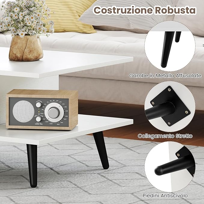 Tavolino da Caffè a 2 Livelli, Tavolino Moderno con Gambe in Metallo e Ripiano, Tavolo Centrale Rettangolare per Soggiorno, Studio e Ufficio (Bianco)