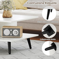 Tavolino da Caffè a 2 Livelli, Tavolino Moderno con Gambe in Metallo e Ripiano, Tavolo Centrale Rettangolare per Soggiorno, Studio e Ufficio (Bianco)