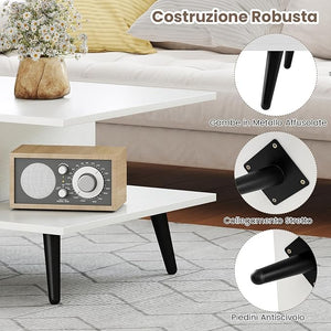 Tavolino da Caffè a 2 Livelli, Tavolino Moderno con Gambe in Metallo e Ripiano, Tavolo Centrale Rettangolare per Soggiorno, Studio e Ufficio (Bianco)