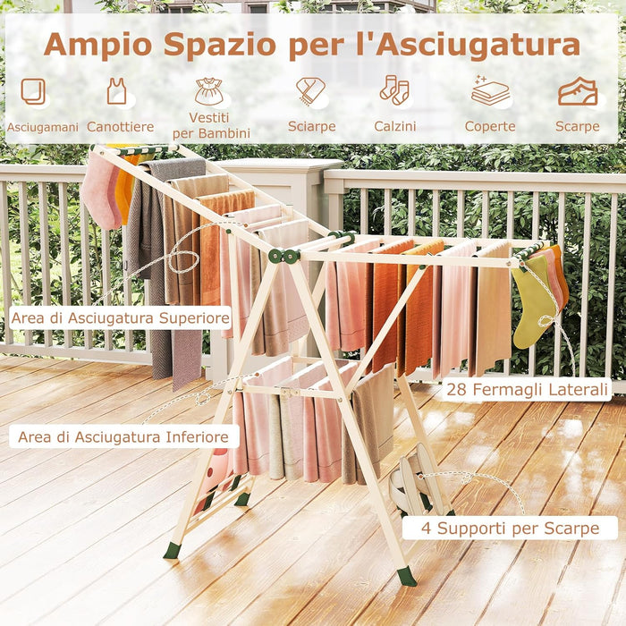 Stendibiancheria con 16 Barra, Stendino Pieghevole in Metallo con Ali Regolabili in Altezza, Clips per Calzini, Supporto per Abbigliamento Autoposante a Ali per Interno Esterno (Beige)