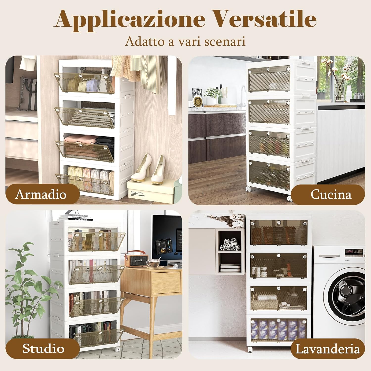 Comodino in Plastica Multipiano con Coperchio 168 L, Scatole Impilabili con 4 Ruote e Freni, Contenitori di Stoccaggio Pieghevole, per Soggiorno, Camera da Letto e Bagno, Bianco (4 Ripiani)