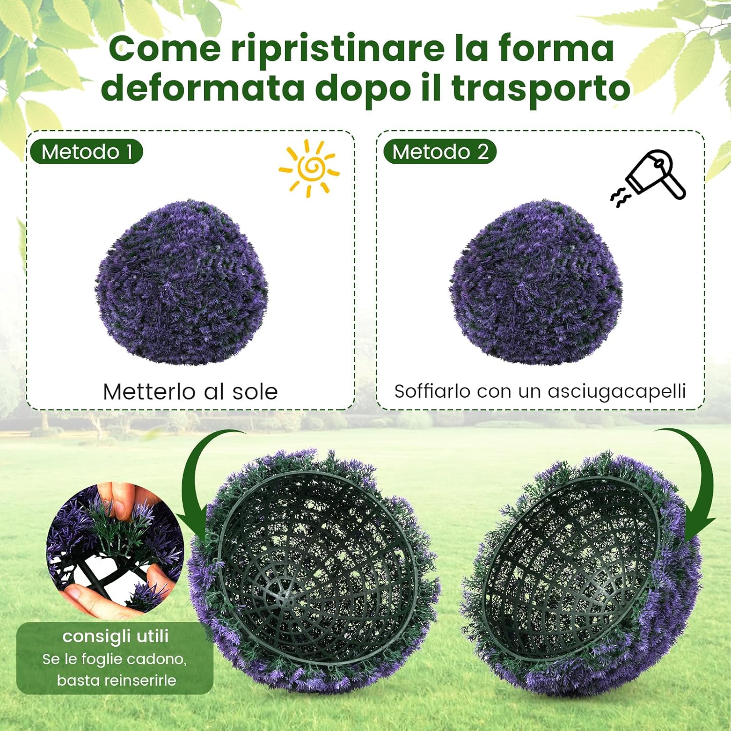 Set di 2 Piante Artificiali a Sfera di Bosso 38 CM, Palline Decorative Viola, Sfera Topiarie per Giardino, Portico, Balcone e Matrimonio