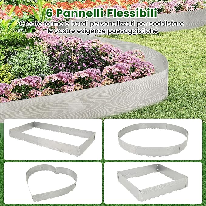 Bordatura da Giardino 6 M, Set di 6 Bordi per Aiuola 110 x 22 cm in Metallo Zincato con Paio di Guanti, Recinzione Flessibile per Prato, Cortile e Giardino