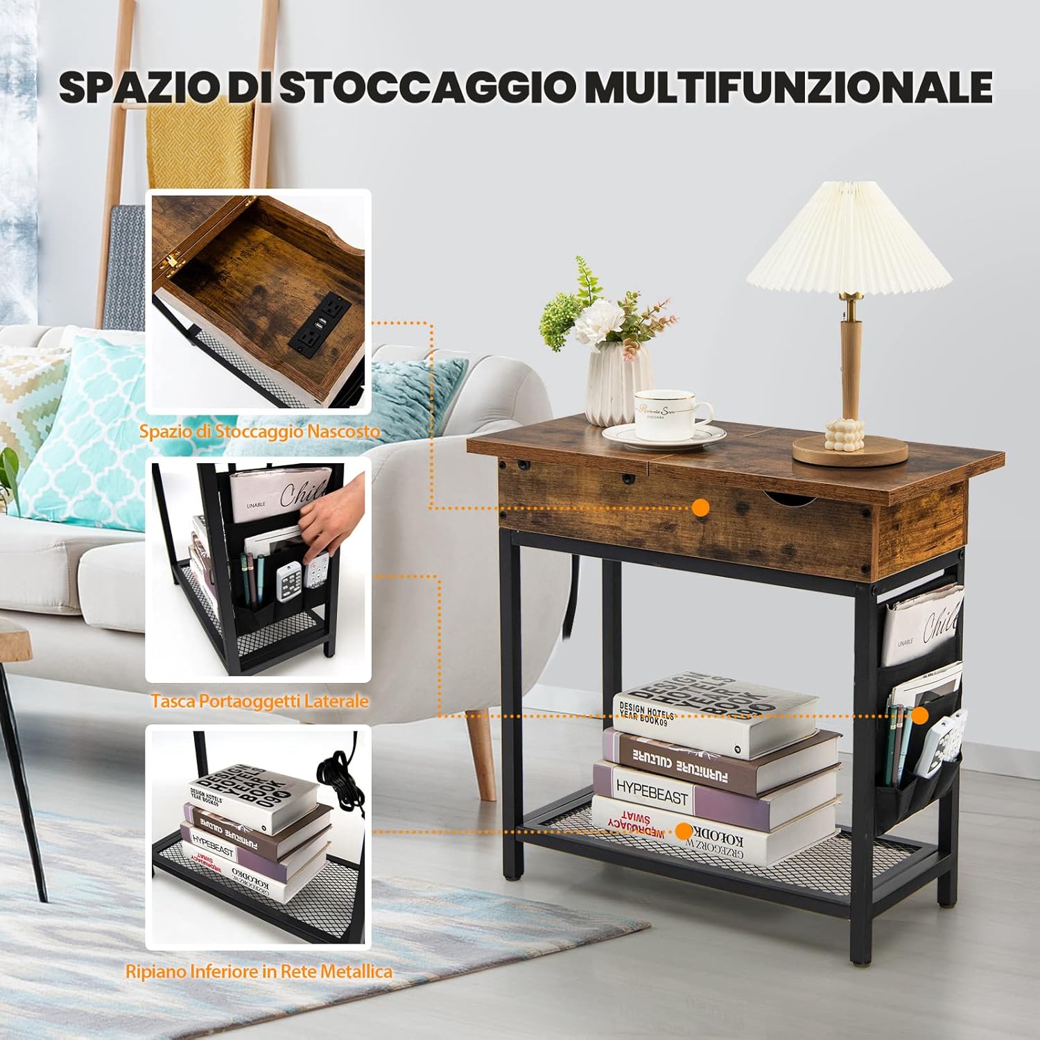 Tavolino da Salotto con Porte USB e Prese di Corrente, Tavolino Stretto con Piano Ribaltabile, Comodino Multifunzionale per Soggiorno e Camera da Letto, 60 x 30 x 58,5cm, Marrone