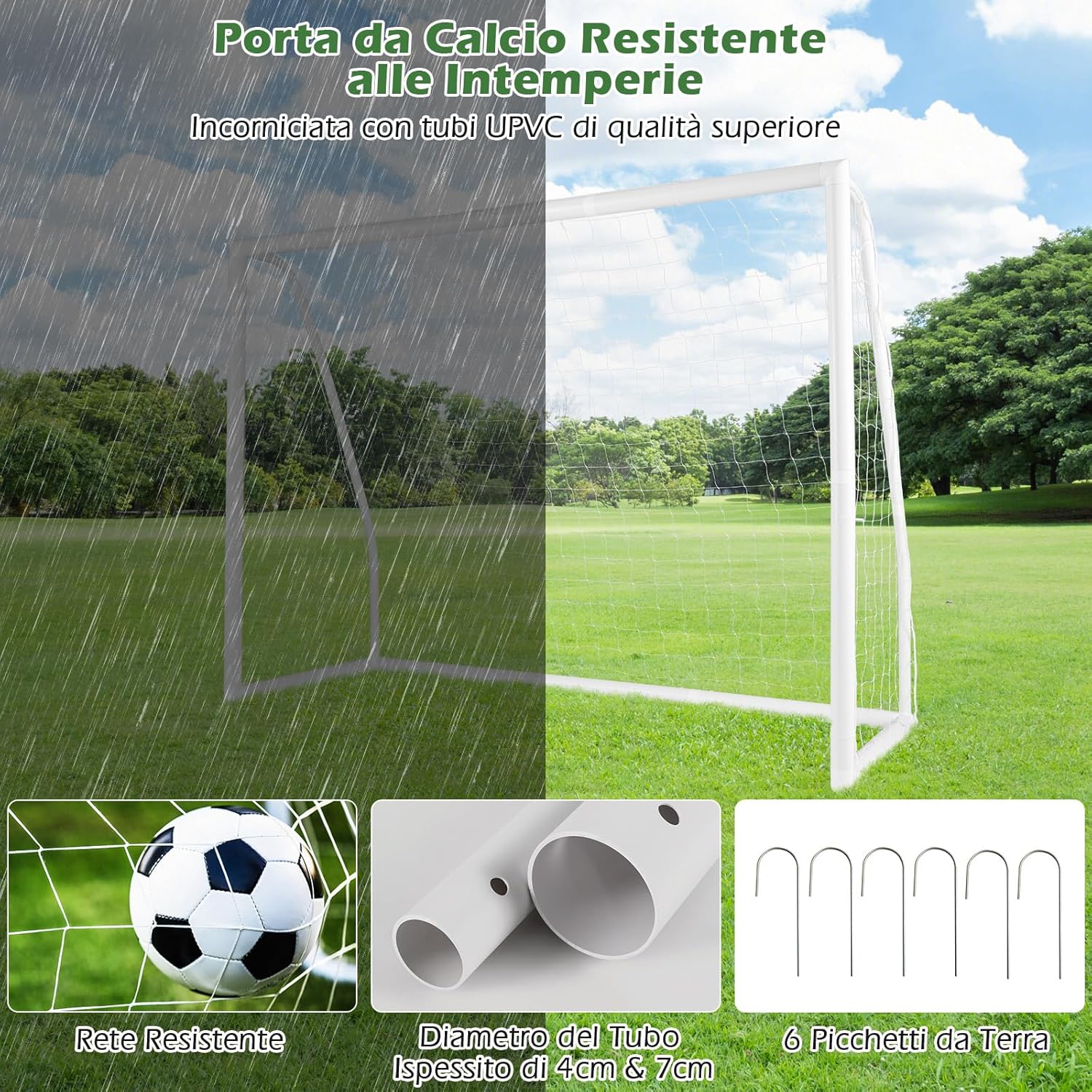 Porto per Calcio per Bambini, Rete da Calcio Resistente alle Intemperie e Telaio in UPVC con Pali di Fissaggio e Coni da Calcio per Allenamenti in Cortile