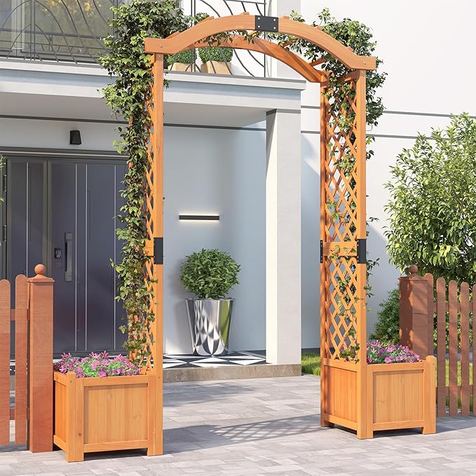 Arco da Giardino in Legno con Fioriere, Graticcio Arcuato Alto 200 cm per Piante Rampicanti, Verdure e Fiori, Pergolato da Esterno per Decorazione Cerimonia di Festa