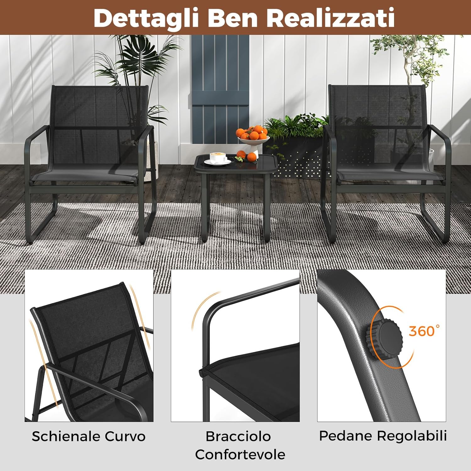 Set da Conversazione a 3 Pezzi, Set di 2 Sedie in Textilene e Tavolino in Vetro Temperato, Set da Giardino a 3 Pezzi con Struttura in Metallo, per Giardino, Terrazza, Piscina (Nero)