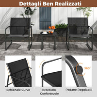Set da Conversazione a 3 Pezzi, Set di 2 Sedie in Textilene e Tavolino in Vetro Temperato, Set da Giardino a 3 Pezzi con Struttura in Metallo, per Giardino, Terrazza, Piscina (Nero)