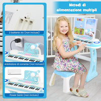 Tastiera Pianoforte a 37 Tasti per Bambini, Piano Elettronico per Bambini con Microfono, Sgabello e Supporto per Spartiti, 8 Ritmi e 8 Strumenti, per Bambini 18+ Mesi (Blu)