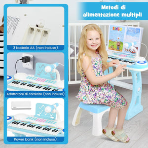 Tastiera Pianoforte a 37 Tasti per Bambini, Piano Elettronico per Bambini con Microfono, Sgabello e Supporto per Spartiti, 8 Ritmi e 8 Strumenti, per Bambini 18+ Mesi (Blu)