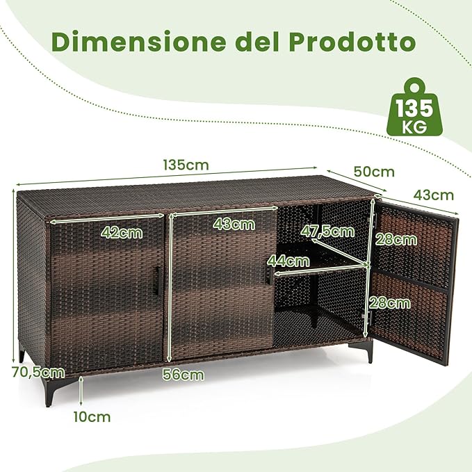 Cassapanca da Giardino in Rattan PE, 318 L, 3 Porte con Ripiani Rimovibili, Impermeabile, per Cuscini, Guanciali, Attrezzi e Accessori da Piscina, 135 x 50 x 70,5 cm (Marrone)