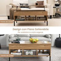 Tavolino da Caffè Sollevabile, Tavolo da Salotto con Piano Sollevabile, Ampio Comparto Nascosto e 3 Scomparti Aperti, Tavolo da Cocktail con Gambe in Metallo