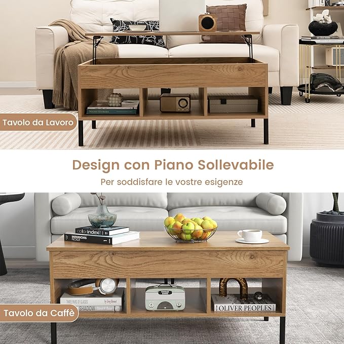 Tavolino da Caffè Sollevabile, Tavolo da Salotto con Piano Sollevabile, Ampio Comparto Nascosto e 3 Scomparti Aperti, Tavolo da Cocktail con Gambe in Metallo