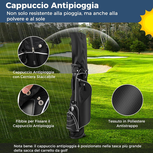 Sacca da Golf con Supporto, Borsa da Golf a 4 Scomparti con 4 Tasche con Cerniera, Borsa Frigo, Tracolla Doppia, Cappuccio Antipioggia, Supporto per Ombrellone