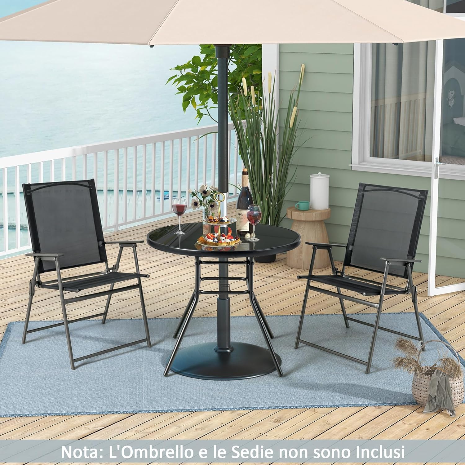 Tavolo Rotondo da Giardino con Buco per Ombrellone, Tavolo da Esterno in Vetro Temperato Struttura in Metallo, Tavolino per Balcone, Terrazza, Sala Pranzo e Soggiorno, 86 x 86 x 71 cm, Nero