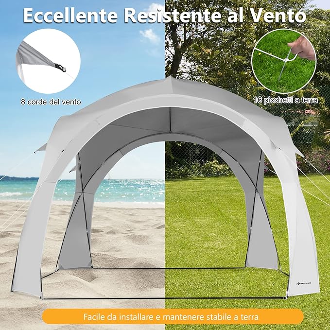 Tenda da Spiaggia per 6-8 Persone 327 x 327 cm, Tenda Parasole Portatile con Borsa, 16 Picchetti e 8 Corde, Tenda a Baldacchino per Campeggio, Cortile e Picnic