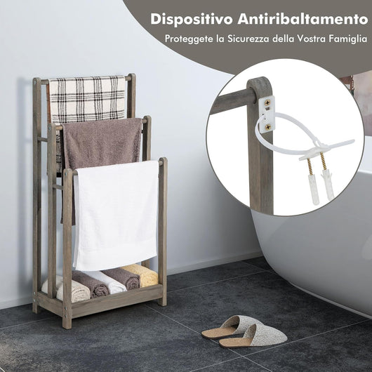 Portasciugamani in Legno da Terra, Porta Asciugamani a 3 Livelli con Mensola Inferiore, Dispositivo Anti-Ribaltamento, Supporto Leggero per Asciugamani da Bagno e Stanza Lavanderia (Grigio)