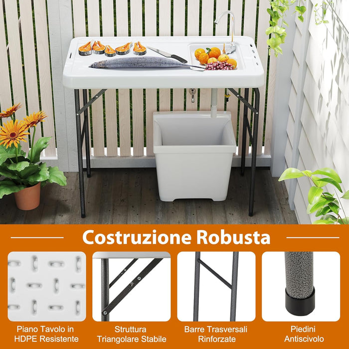 Tavolo da Campeggio Portatile, Tavolo Pieghevole con Lavello, Rubinetto Girevole a 360° e Tubo di Scarico, Portata 150 kg, 108 x 58 x 93 cm