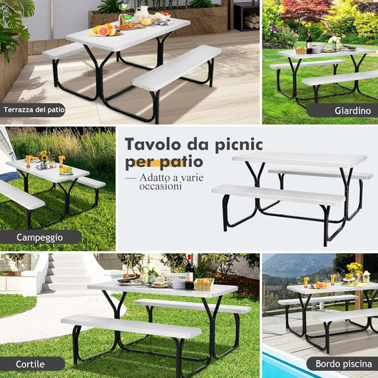 Tavolo da Campeggio con Sedie, da 4 Posti, 137 x 150 x 72cm, Set Tavolino Picnic HDPE Struttura in Metallo, per Picnic Cortile Barbecue (bianco)