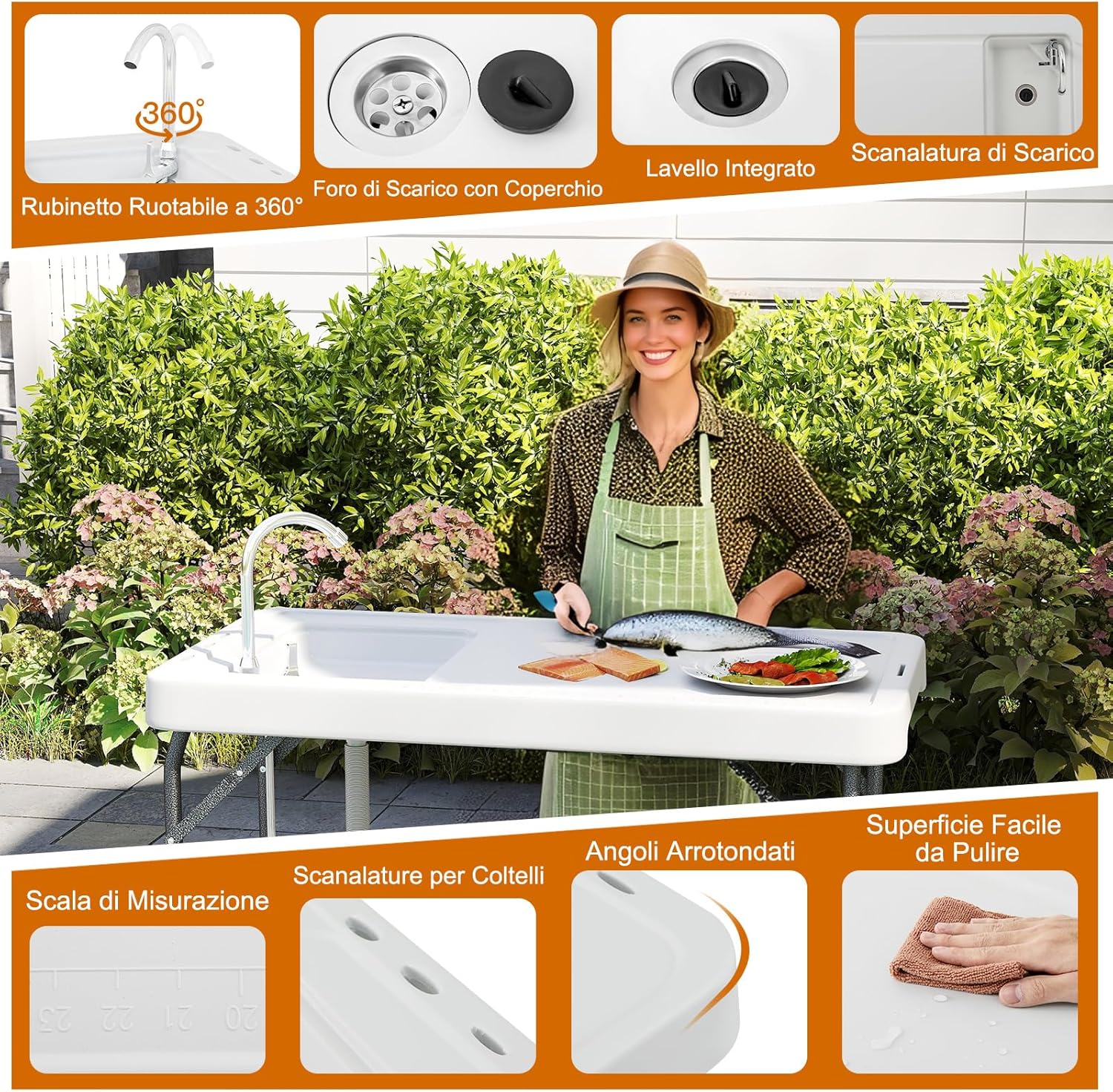 Tavolo da Campeggio Portatile, Tavolo Pieghevole con Lavello, Rubinetto Girevole a 360° e Tubo di Scarico, Portata 150 kg, 108 x 58 x 93 cm