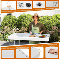 Tavolo da Campeggio Portatile, Tavolo Pieghevole con Lavello, Rubinetto Girevole a 360° e Tubo di Scarico, Portata 150 kg, 108 x 58 x 93 cm