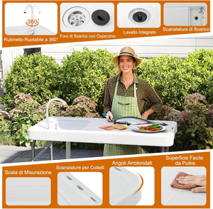Tavolo da Campeggio Portatile, Tavolo Pieghevole con Lavello, Rubinetto Girevole a 360° e Tubo di Scarico, Portata 150 kg, 108 x 58 x 93 cm