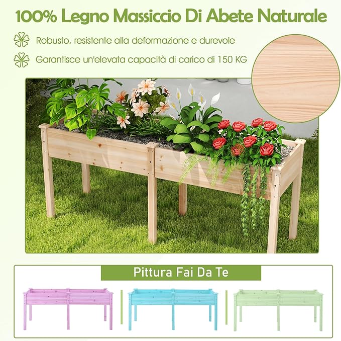 Fioriera da Giardino Rialzata, Letto da Giardino Elevato in Legno con Pannello Divisore, Fori di Drenaggio, Aiuola Rialzata per Piante, Fiori, Erbe e Verdure (Naturale)