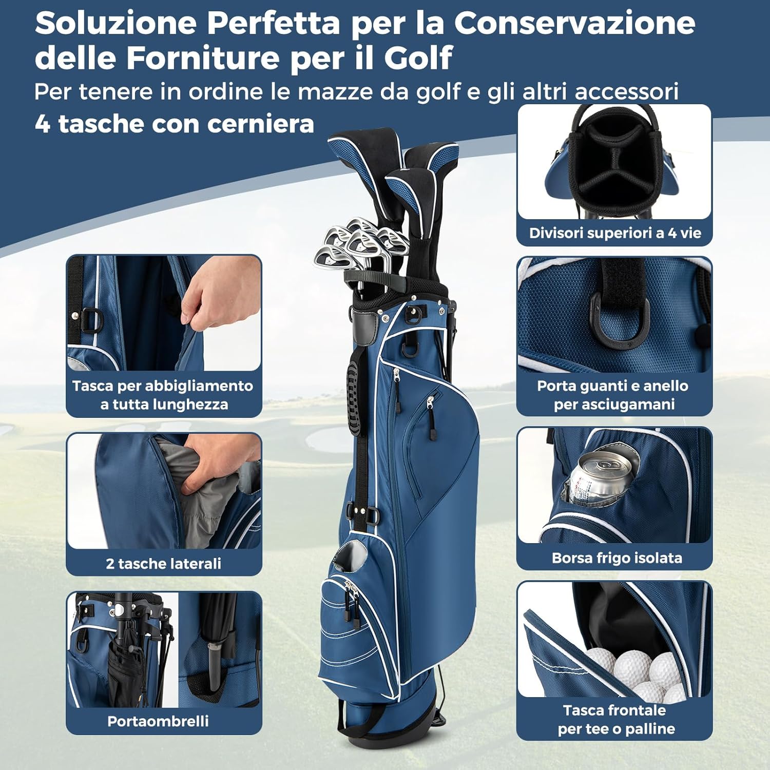 Sacca da Golf con Supporto, Borsa da Golf a 4 Scomparti con 4 Tasche con Cerniera, Borsa Frigo, Tracolla Doppia, Cappuccio Antipioggia, Supporto per Ombrellone