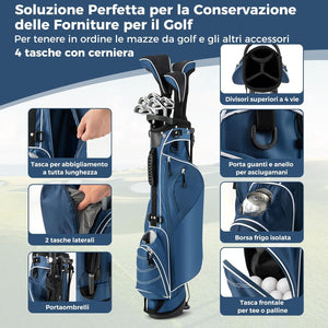 Sacca da Golf con Supporto, Borsa da Golf a 4 Scomparti con 4 Tasche con Cerniera, Borsa Frigo, Tracolla Doppia, Cappuccio Antipioggia, Supporto per Ombrellone