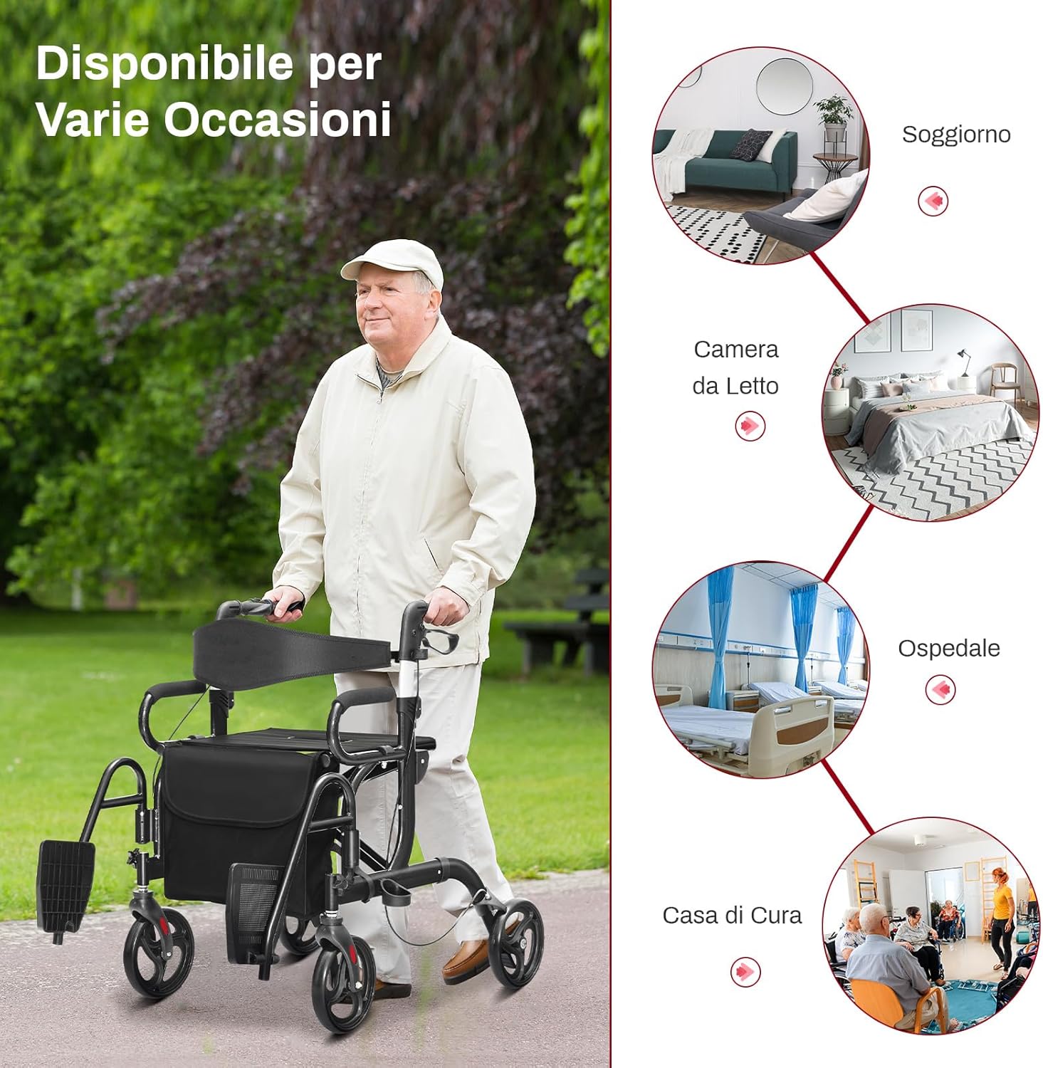 Deambulatore 2 in 1 per Anziani in Alluminio, Rollator Pieghevole e Regolabile in Altezza con Sedia, Schienale Reversibile, Manici Regolabili, Ruote, Poggiapiedi e Borsa Rimovibile (Nero)