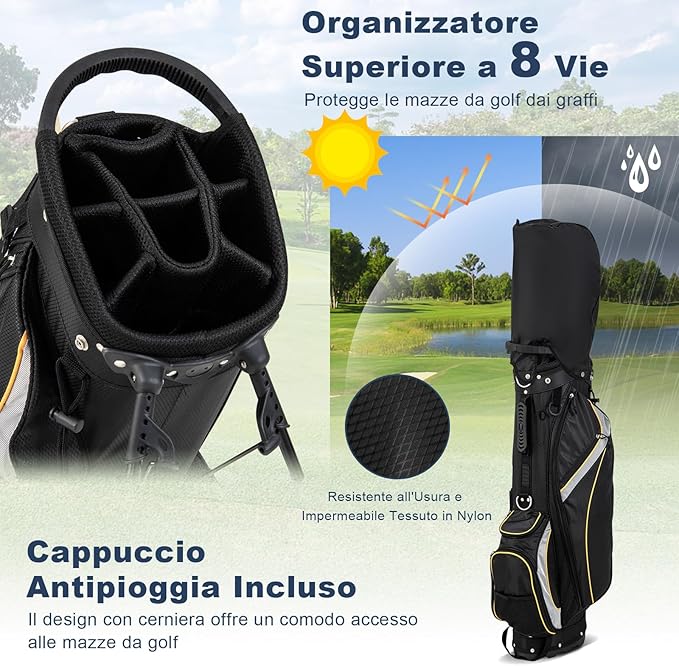 Borsa da Golf a 8 Vie, Borsa da Golf Portatile Leggera da 2 kg con Separatori Superiori, 7 Tasche, Borsa Frigo e Cappuccio Antipio