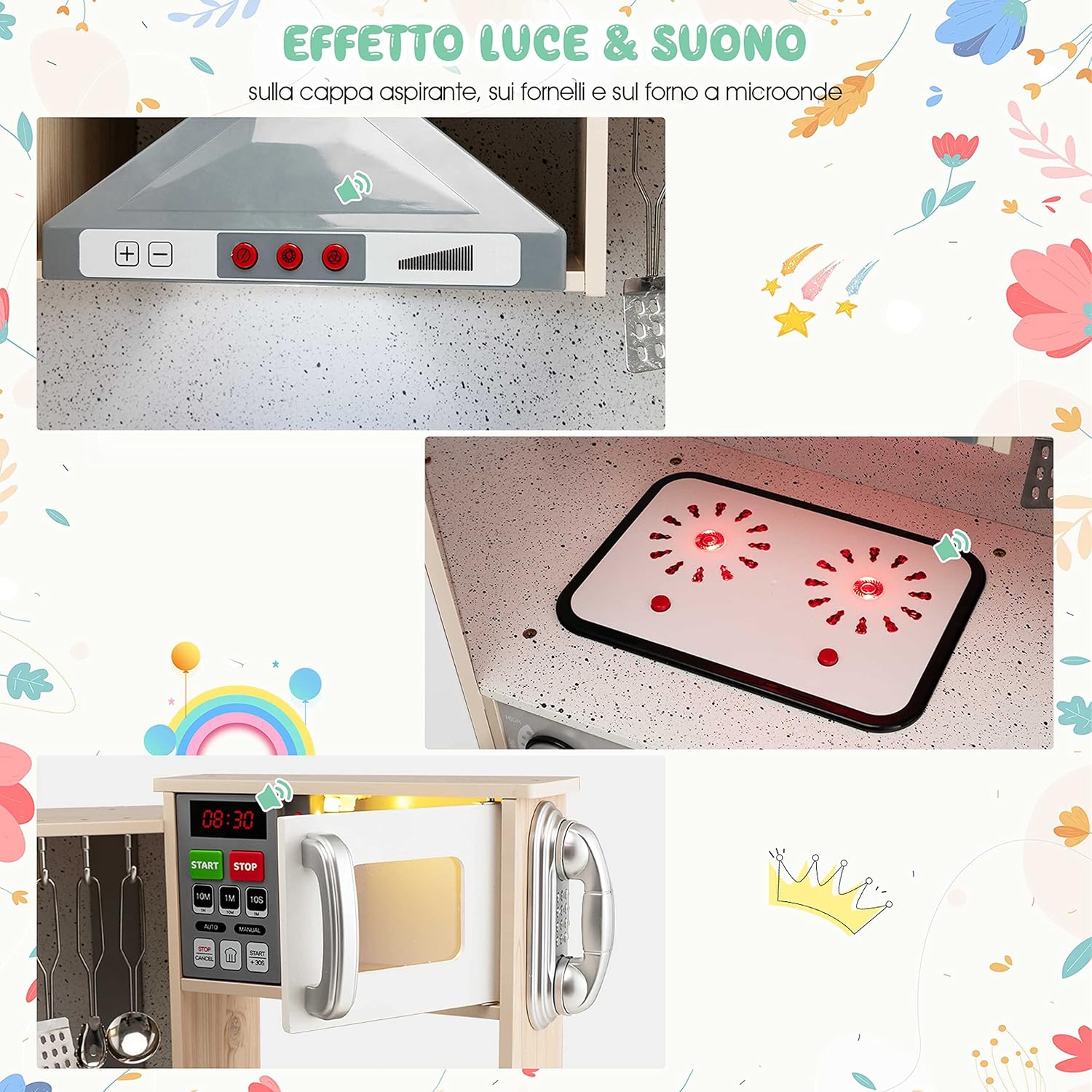 Cucina Giocattolo per Bambini in Legno, Cucina per Bambini con Macchina del Ghiaccio, Telefono, Lavatrice, Forno, Microonde, Lavello e Rubinetto, Funzione Luci e Suoni, per Bambini 3+ Anni