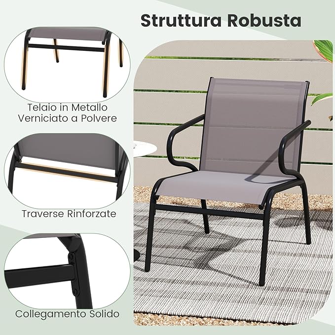 Set di 2 Sedie da Patio con Tessuto Traspirante e Struttura in Metallo, Sedie da Bistro da Esterno con Braccioli, Poltrona per Giardino Terrazza Portico, Portata 150 kg