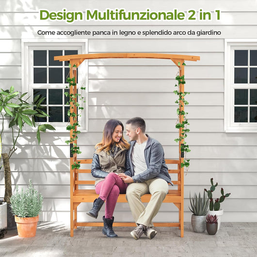 Panchina 2 Posti con Arco da Giardino per Rose e Rampicanti, Pengolato con Panchina in Legno di Abete, Graticcio per Piante da Esterno per Balcone, Cortile e Terrazzo (160 x 50 x 199 cm)