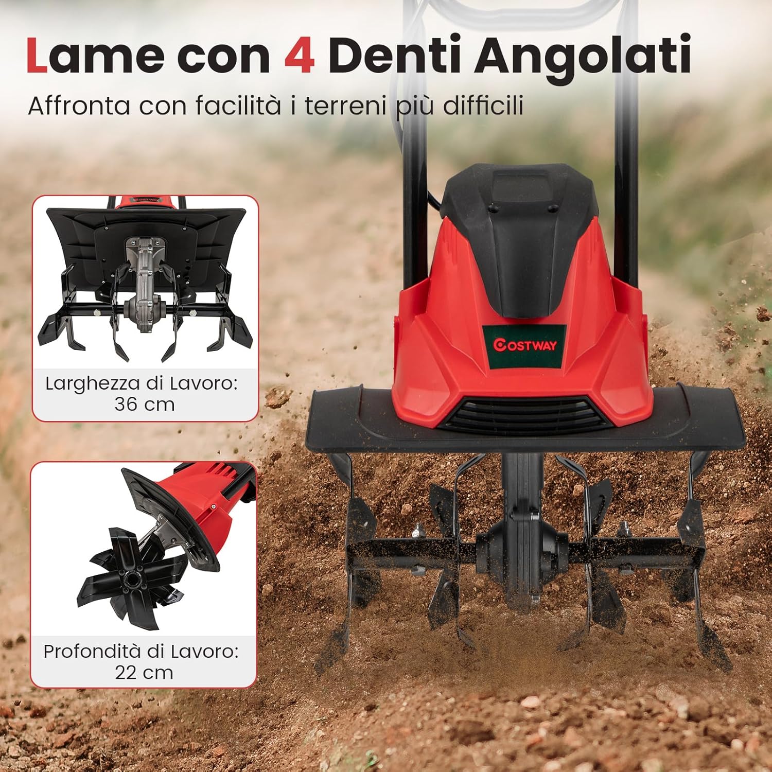 Motozappa Elettrica a Filo, Zappatrice da Giardino con Manico Ergonomico e Motore Forte, Motocoltivatore Pieghevole per Scavare Terreno del Prato (36,5 x 24 x 138 cm,Rosso)