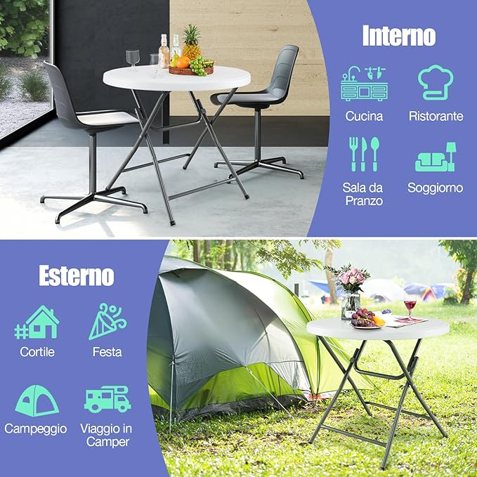 Tavolo Rotondo Pieghevole 81 cm, Tavolo da Campeggio in HDPE, Gambe in Metallo e Piedini Antiscivolo, per Esterno e Interno Picnic Campeggio, Portata 75 kg