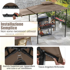 Gazebo per Barbecue, Pergola per BBQ con Tendalino Laterale, Tetto a 2 Livelli, 2 Ripiani Laterali, Ganci Appesi, Apribottiglie, per Giardino e Cortile, 318 x 153 x 250 cm (Marrone)