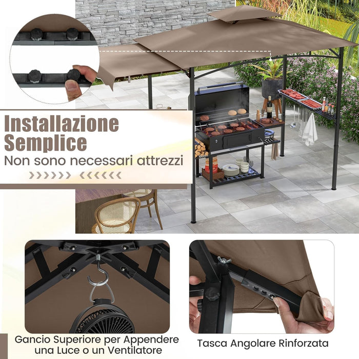 Gazebo per Barbecue, Pergola per BBQ con Tendalino Laterale, Tetto a 2 Livelli, 2 Ripiani Laterali, Ganci Appesi, Apribottiglie, per Giardino e Cortile, 318 x 153 x 250 cm (Marrone)