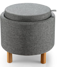 Pouf Rotondo con Contenitore e Vassoio, Poggiapiedi Imbottito con Base in Legno e Piedini Antiscivolo, Tavolino da Caffè per Soggiorno, Camera da Letto (Grigio)