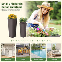 2 Vasi Alti per Piante da Interno ed Esterno, Grandi Fioriere in Rattan con Vassoi Interni Rimovibili, Fori di Drenaggio, Fioriere Decorative per Giardino, Cortile e Balcone (Marrone)