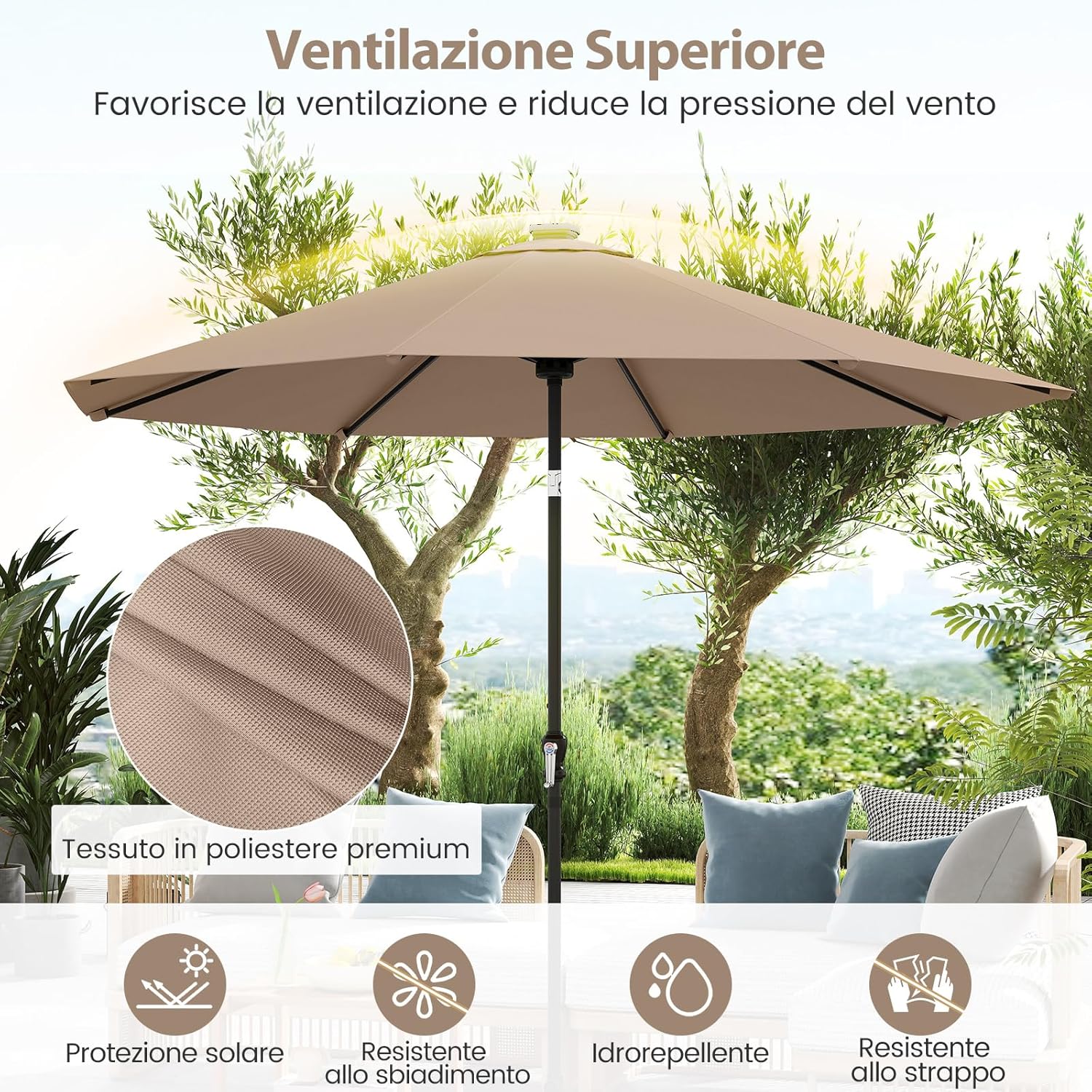 Ombrellone da Esterno 288 cm, con 96 Luci LED, Ombrellone Giardino con Inclinazione Regolabile, Manovella, 8 Stecche e Top Ventilato, Parasole da Mercato per Giardino Spiaggia (Marrone)