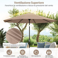 Ombrellone da Esterno 288 cm, con 96 Luci LED, Ombrellone Giardino con Inclinazione Regolabile, Manovella, 8 Stecche e Top Ventilato, Parasole da Mercato per Giardino Spiaggia (Marrone)