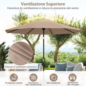Ombrellone da Esterno 288 cm, con 96 Luci LED, Ombrellone Giardino con Inclinazione Regolabile, Manovella, 8 Stecche e Top Ventilato, Parasole da Mercato per Giardino Spiaggia (Marrone)