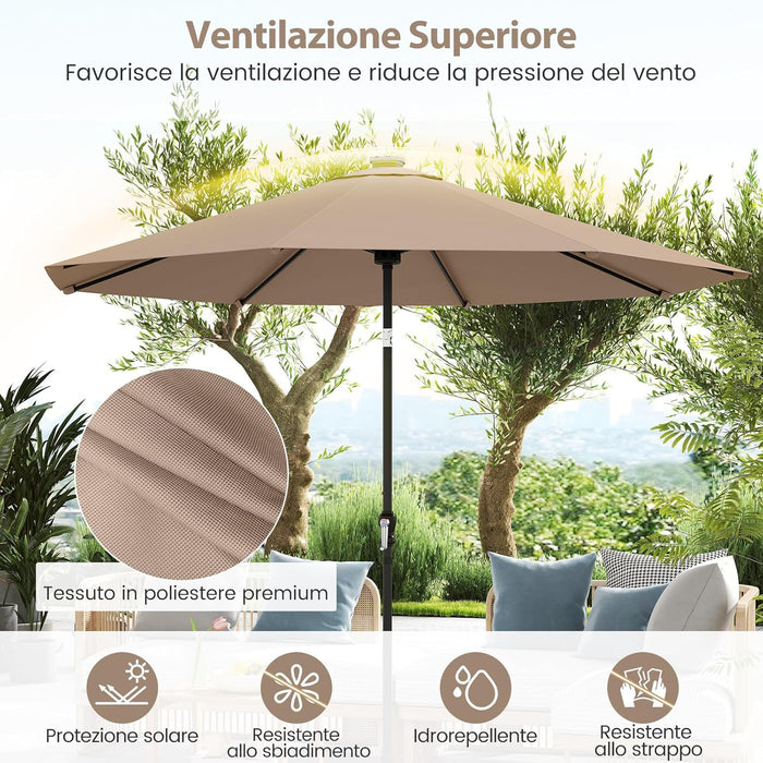 Ombrellone da Esterno 288 cm, con 96 Luci LED, Ombrellone Giardino con Inclinazione Regolabile, Manovella, 8 Stecche e Top Ventilato, Parasole da Mercato per Giardino Spiaggia (Marrone)