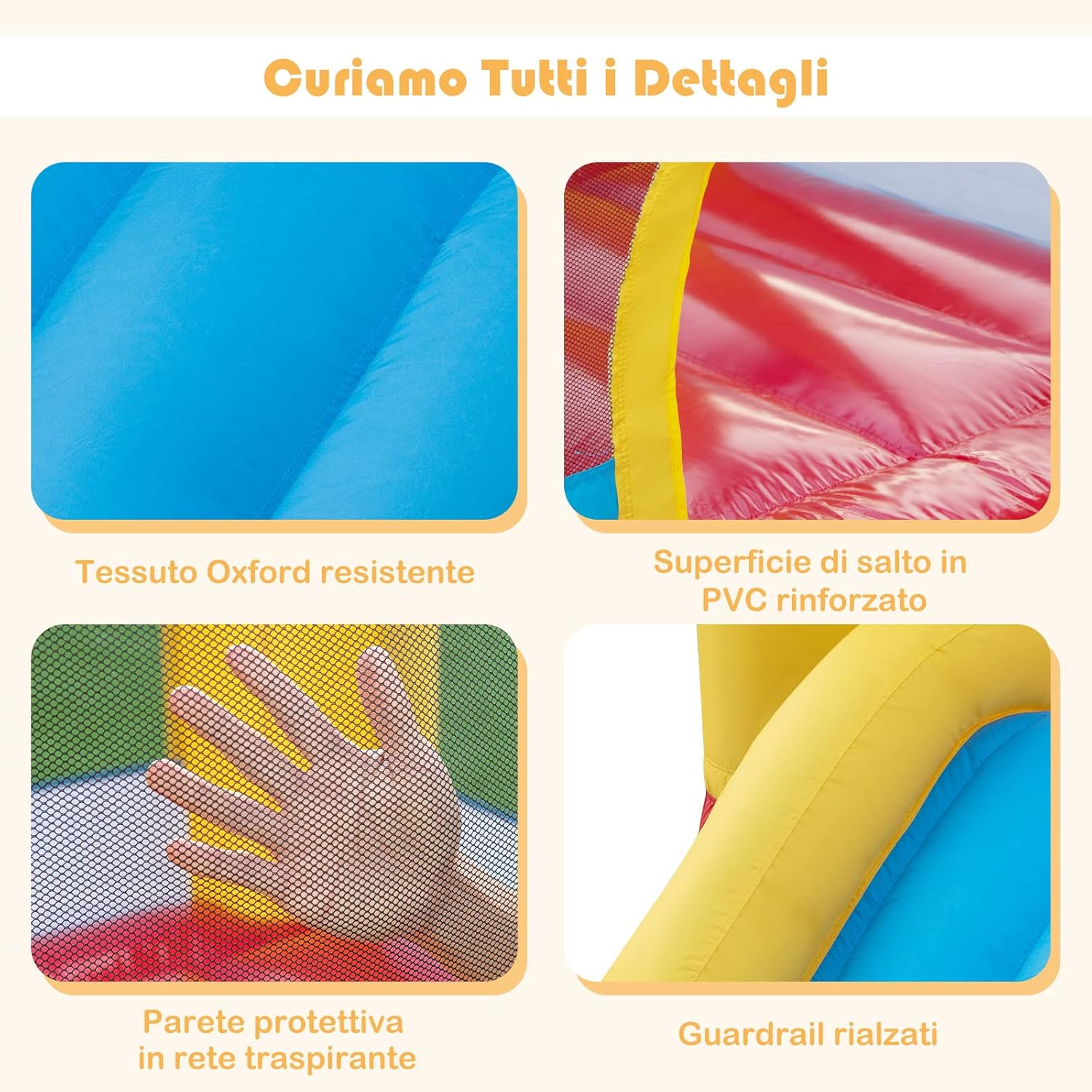 Castello Gonfiabile 6 in 1 con Soffiatore 480W, Gonfiabile per Bambini con Scivolo, Area di Salto, Canestro, Piscina di Palline, Lancio di Anelli e di Palline, per Interno Esterno e Feste